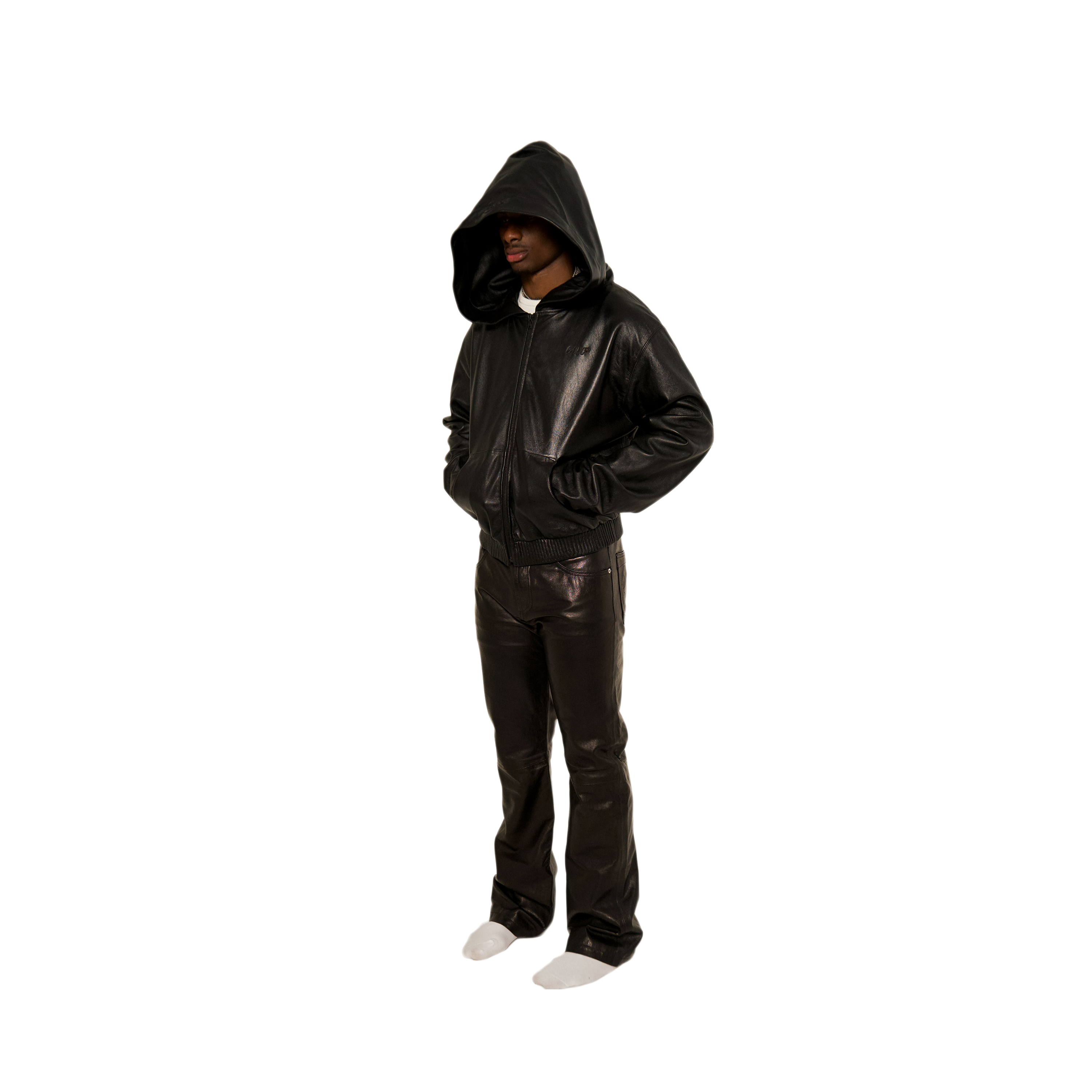 NOIR LEATHER ZIP-UP HOODIE