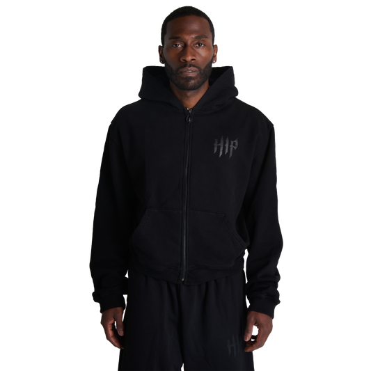 CROP GRUNGE ZIP UP - NOIR