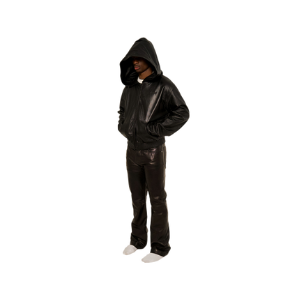 NOIR LEATHER ZIP-UP HOODIE