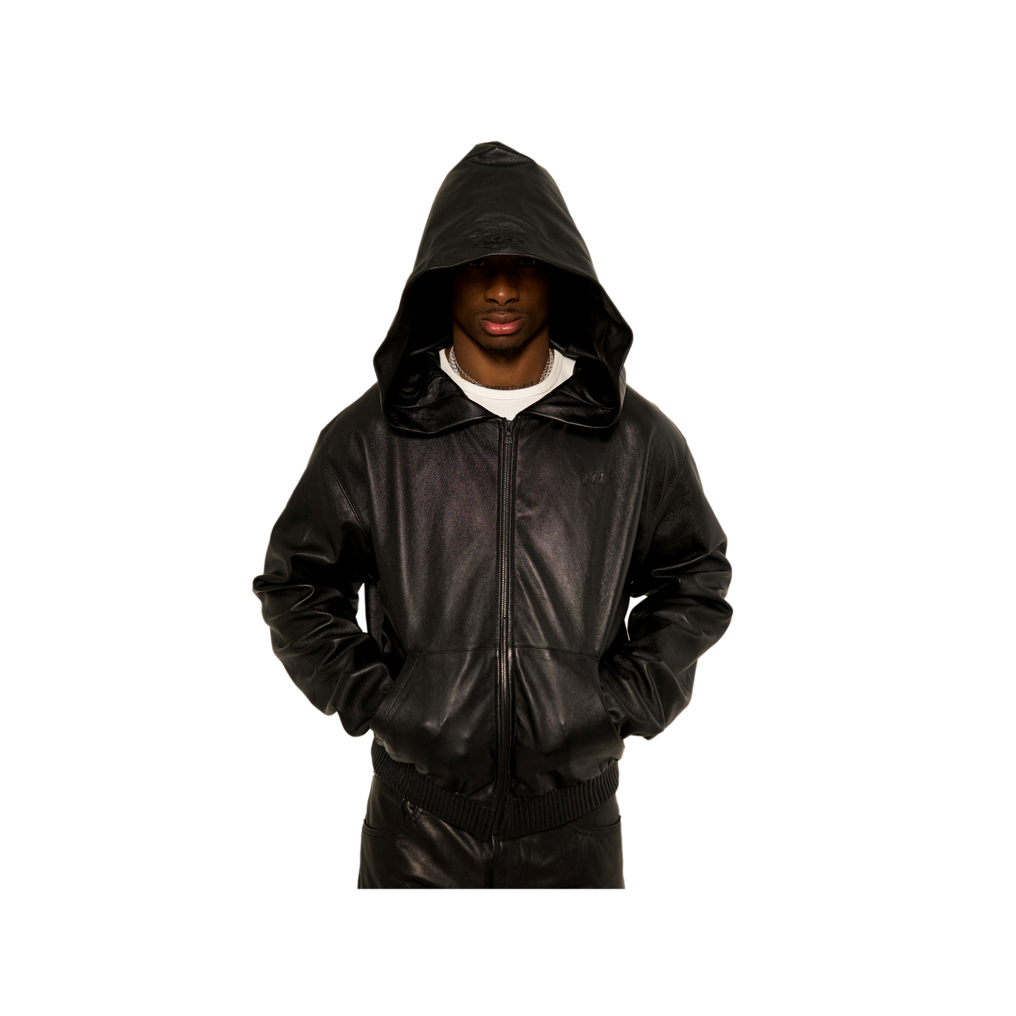 NOIR LEATHER ZIP-UP HOODIE