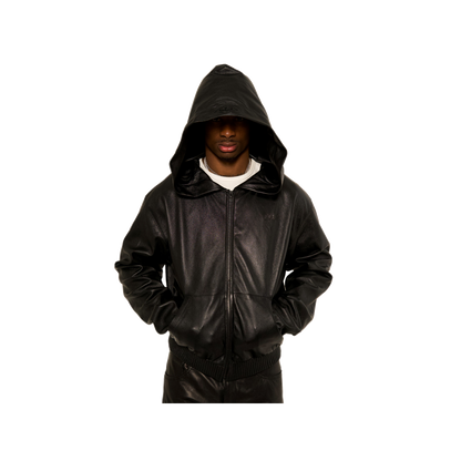 NOIR LEATHER ZIP-UP HOODIE