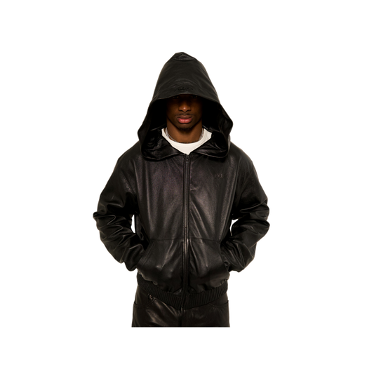 NOIR LEATHER ZIP-UP HOODIE