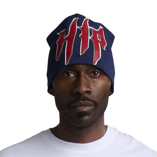 GRUNGE ROCKSTAR LEATHER TOQUE - NAVY/RED